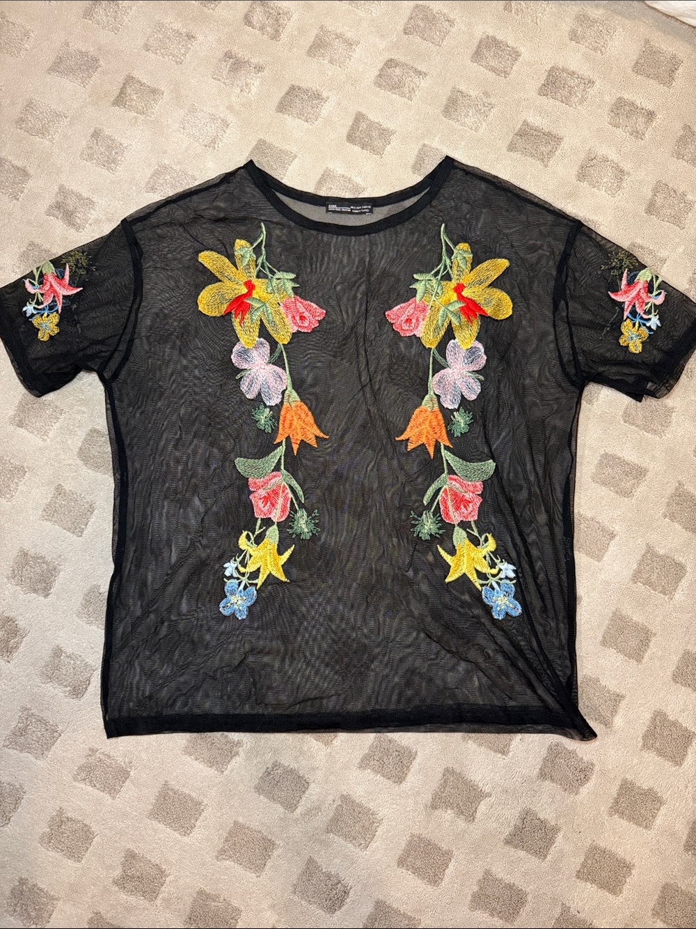 Zara Black Sheer Short Sleeve Top with Multicolor Floral Embroidery
